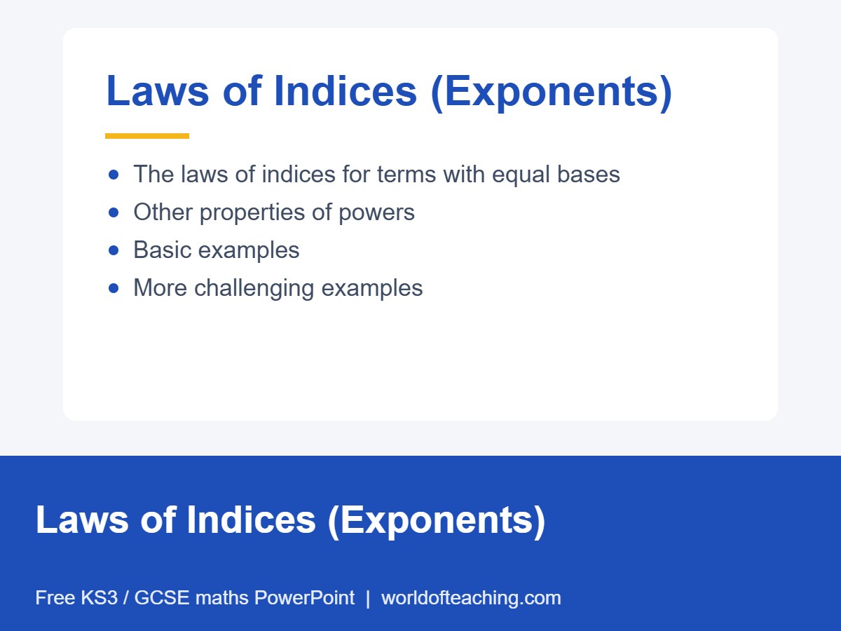 Laws of Indices (Exponents) PowerPoint